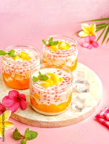 Mango Sago is a refreshing and satisfying summer dessert  with juicy chunks of mango and a mango  tapioca pearl and mango pudding in a milk or coconut milk infused creamy.