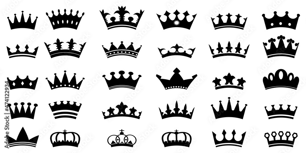 Crown icon set. Big collection. Black silhouette shape. Hand drawn. Modern design. Vector illustration. Stock image. 