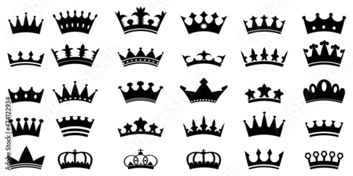 Crown icon set. Big collection. Black silhouette shape. Hand drawn. Modern design. Vector illustration. Stock image. 