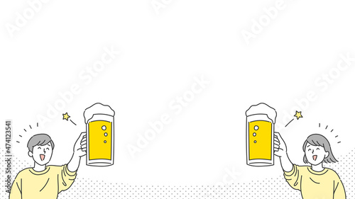 ビールで乾杯する男女のイラスト背景フレーム