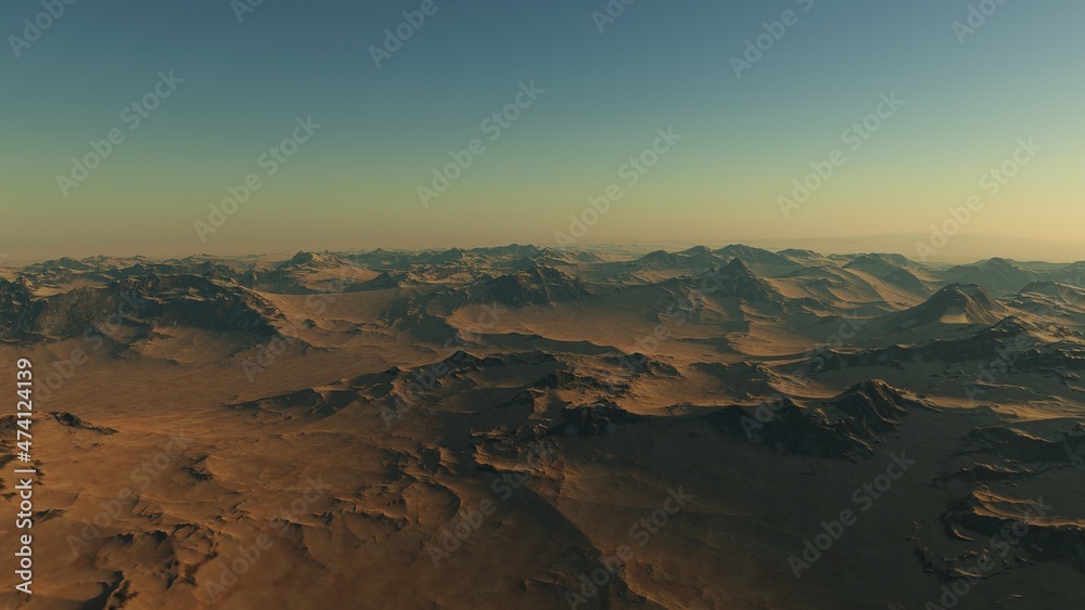 beautiful view from an exoplanet, a view from an alien planet, a computer-generated surface, a fantastic view of an unknown world, a fantasy world 3D render