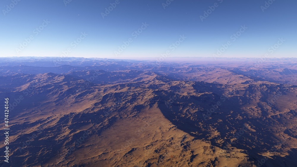 beautiful view from an exoplanet, a view from an alien planet, a computer-generated surface, a fantastic view of an unknown world, a fantasy world 3D render