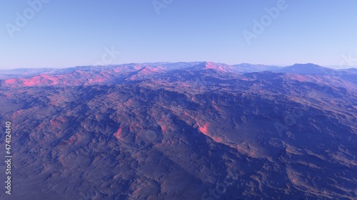 beautiful view from an exoplanet, a view from an alien planet, a computer-generated surface, a fantastic view of an unknown world, a fantasy world 3D render