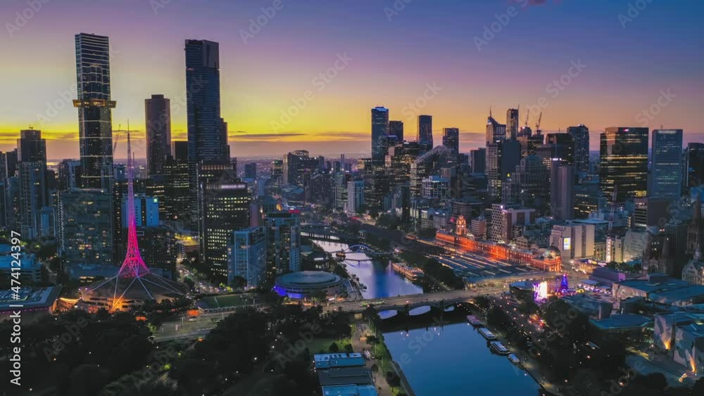 Aerial hyperlapse, dronelapse video of Melbourne city at night