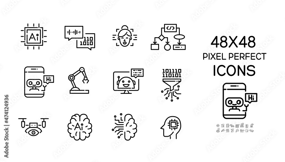 Artificial intelligence icons set. Big data, machine vision and learning, voice and face recognition. Pixel perfect, editable stroke