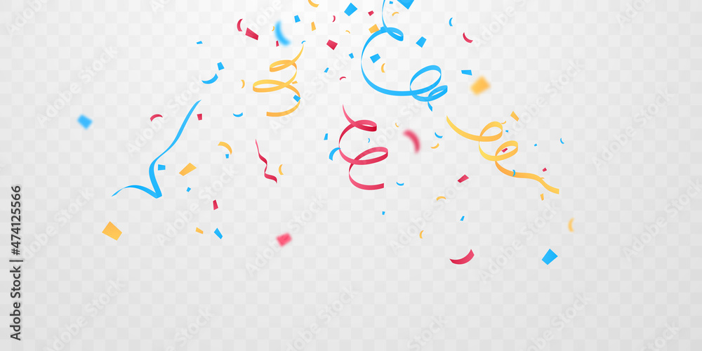 Celebration background template with confetti and colorful ribbons.