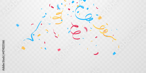 Celebration background template with confetti and colorful ribbons.