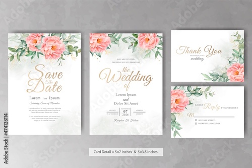 Beautiful Watercolor Floral Wedding Invitation Set with Hand Drawn Peony and Leaves