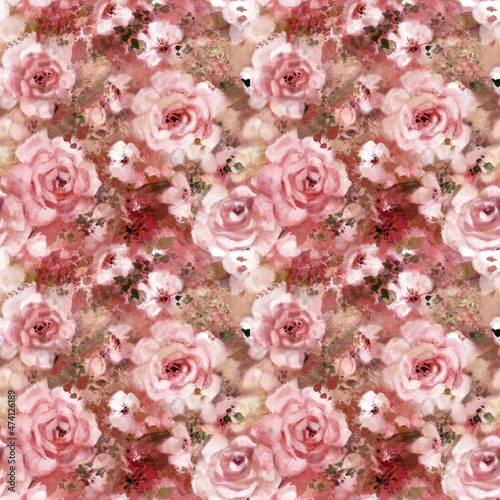 Morning in the rose garden Blurred floral seamless pattern of delicate white roses © Olga