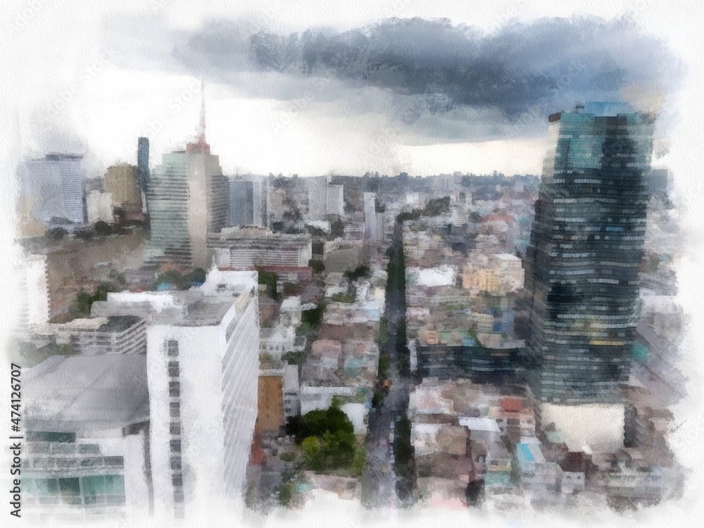 The landscape of Bangkok city where you can see tall buildings and streets in the old commercial district on Charoen Krung Road. watercolor style illustration impressionist painting.
