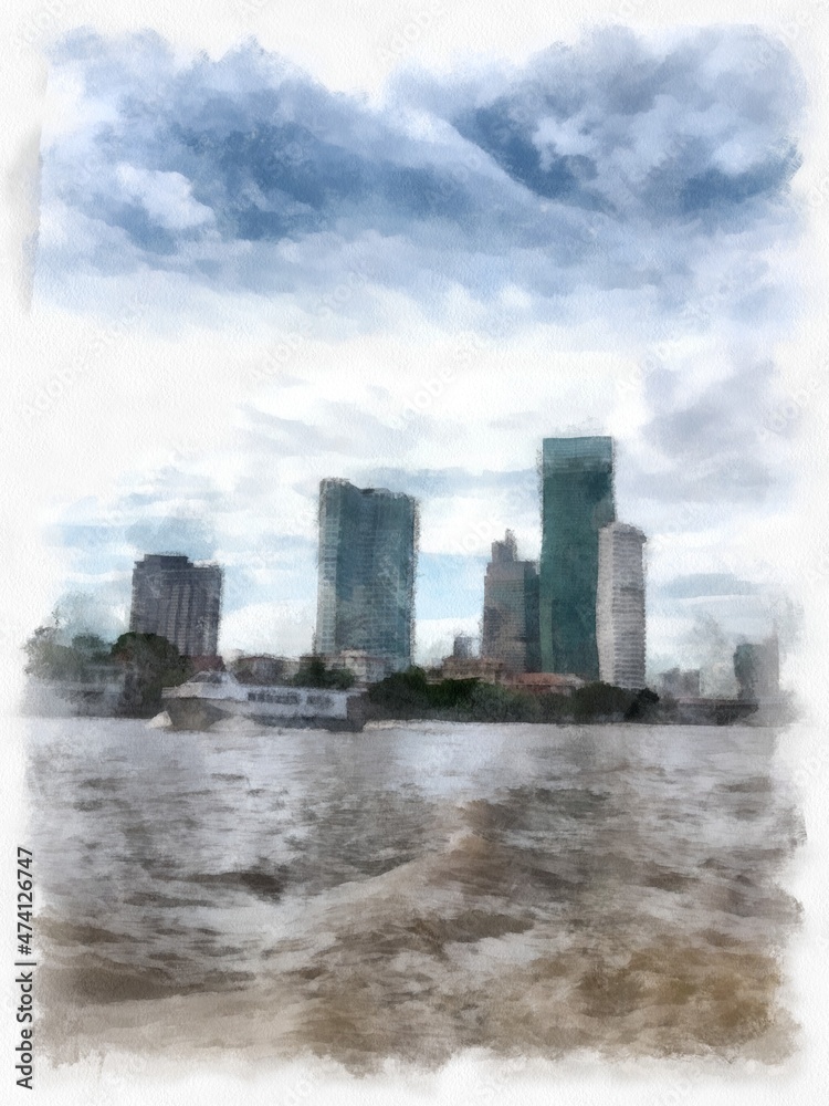 Bangkok city landscape with Chao Phraya River and tall buildings watercolor style illustration impressionist painting.