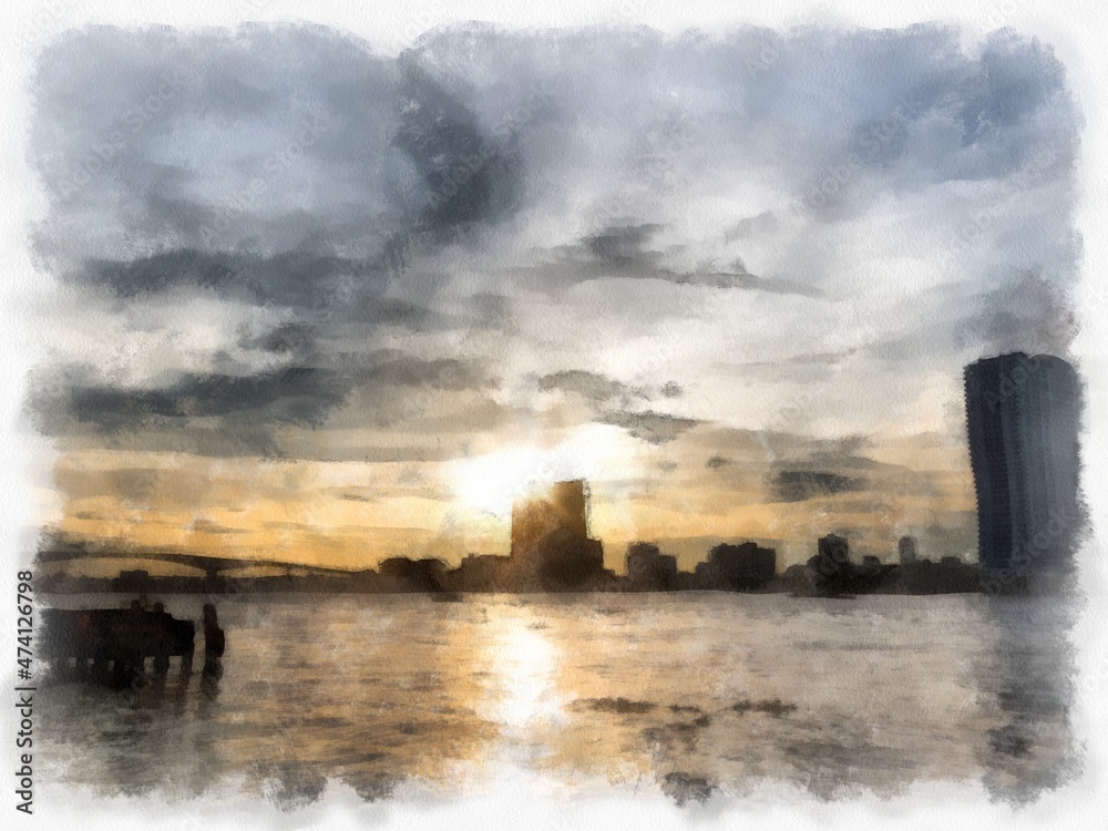 Landscape of the Chao Phraya River in Bangkok in Twilight Time watercolor style illustration impressionist painting.