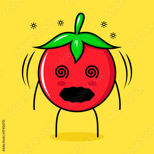 cute tomato character with dizzy expression and rolling eyes. green, red and yellow. suitable for emoticon, logo, mascot