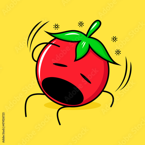 cute tomato character with dizzy expression, mouth open, sit down and one hand on head. green, red and yellow. suitable for emoticon, logo, mascot