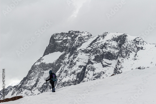 Trekking in winter season. Snowed mountains in La Egorda Valley, Cajón del Maipo, central Andes mountain range, Chile