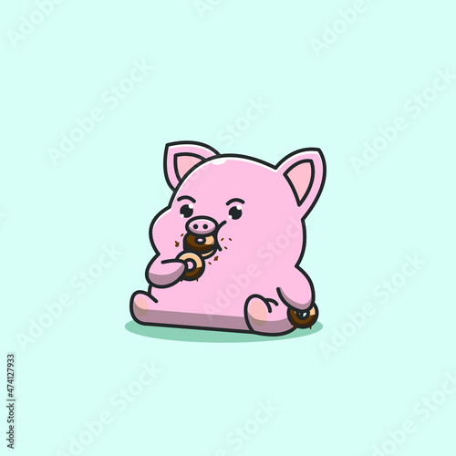 greedy cute pig eating donuts