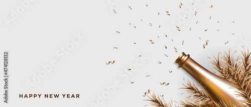 happy new year background with golden champagne bottle, golden fir leaves, and golden ribbon bow. luxury happy new year background with copy space. vector design