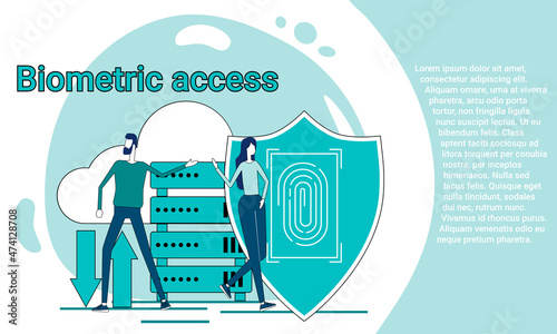 Biometric access .People on the background of a shield with biometric data and a server.The concept of secure access.An illustration in the style of a landing page in green.