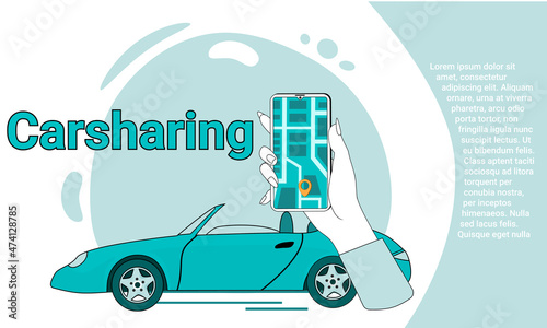 Carsharing.Online car exchange service.Car selection using the app.An illustration in the style of a landing page in green.