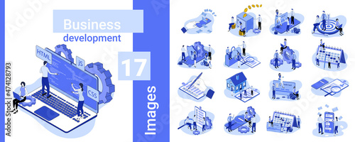 Business development.A set of illustrations in business style.A collection of images on the topic of business relations and technology.Flat vector illustration.