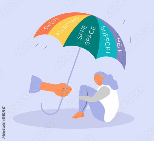 vector illustration on the theme of support, help with mental disorders. hand holds out to the sad girl a rainbow umbrella. trend illustration in flat style
