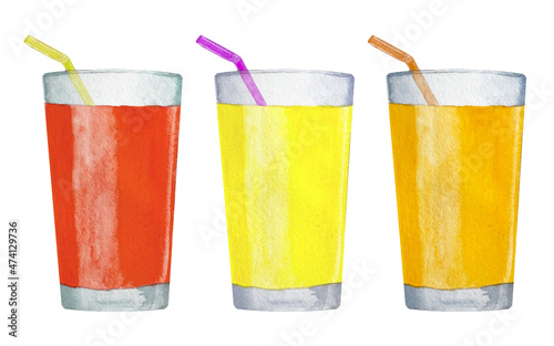 Watercolor set of multicolored glasses of fruit juice with a straws. Orange, yellow and red summer drinks