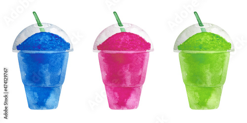 Photos Watercolor frosty ice raspberry, pink, blue and green berry smoothie slush in a clear plastic container with a straw