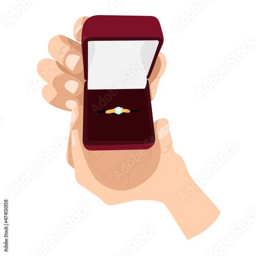 Box with a ring in hands vector illustration. Engagement ring.