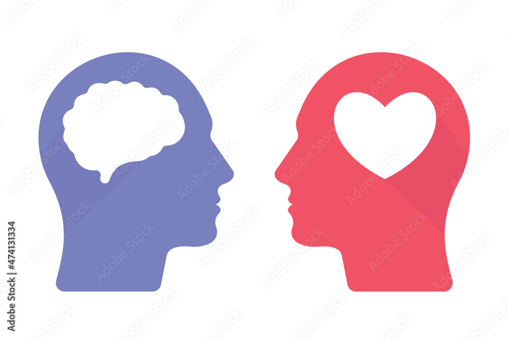 Two men heads with heart and a brain on white background for website, application, printing, document, poster design, etc. vector EPS10