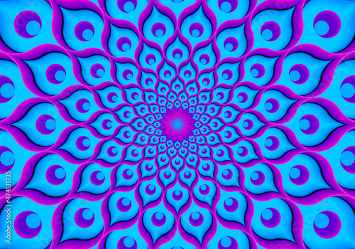 Blue flower from feathers of peacock. Flower blossom. Optical expansion illusion.