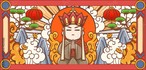 Hand drawn cartoon illustration of Monk Tang in journey to the West

