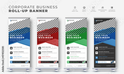 Corporate business modern roll up stand banner design, pull up vector creative x stand template with geometric shape
