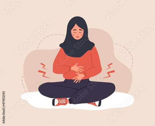 Menstrual pain. Sad arab woman in hijab with abdominal cramps or pms symptoms. Female critical day problems. Vector illustration in flat cartoon style.