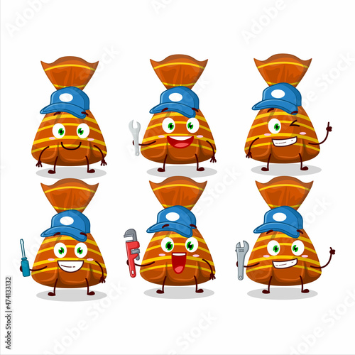 mechanic orange candy wrappers cute mascot character with pliers