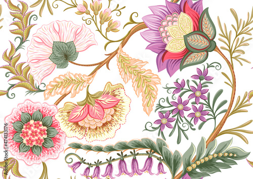 Fantasy flowers in retro, vintage, jacobean embroidery style. Seamless pattern, background. Vector illustration.
