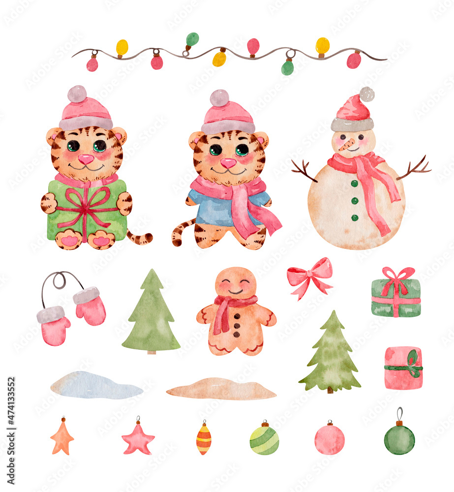 set of watercolor christmas elements with cute tiger, snowman, gifts, decorations
