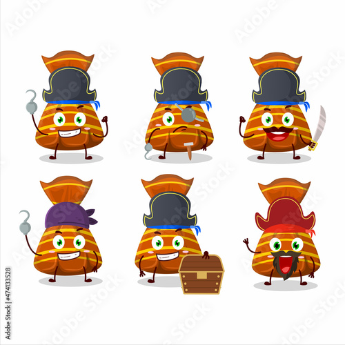 Cartoon character of orange candy wrappers with various pirates emoticons