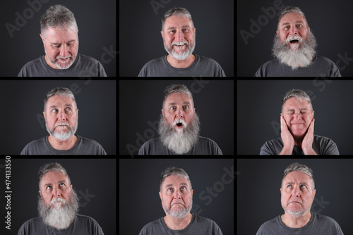 Konstfotografi Beard Bingo, an older man in various stages of having a beard