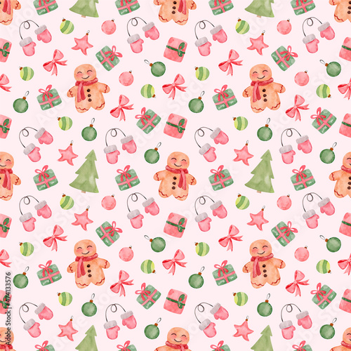 Watercolor Christmas pattern with cute elements
