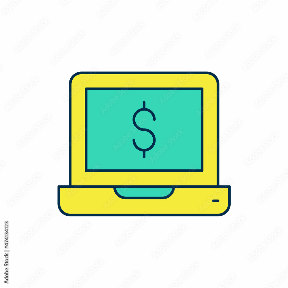 Filled outline Laptop with dollar icon isolated on white background. Sending money around the world, money transfer, online banking, financial transaction. Vector Filled outline Laptop with dollar icon isolated on white background. Sending money around the world, money transfer, online banking, financial transaction. Vector