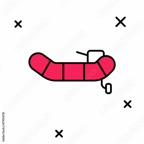 Filled outline Inflatable boat with outboard motor icon isolated on white background. Vector