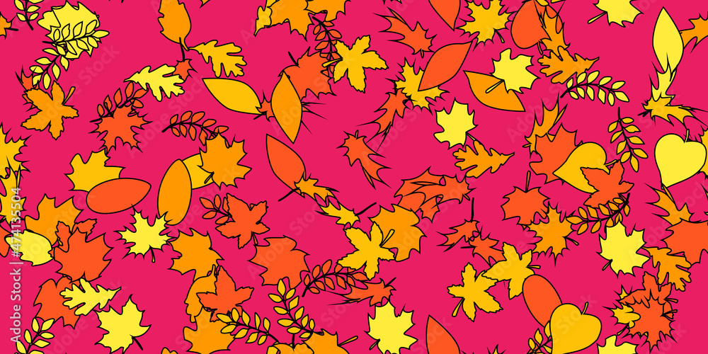 Vector background with red, orange and yellow falling autumn leaves. Abstract seamless pattern from different leafs. Vector illustration on pink background