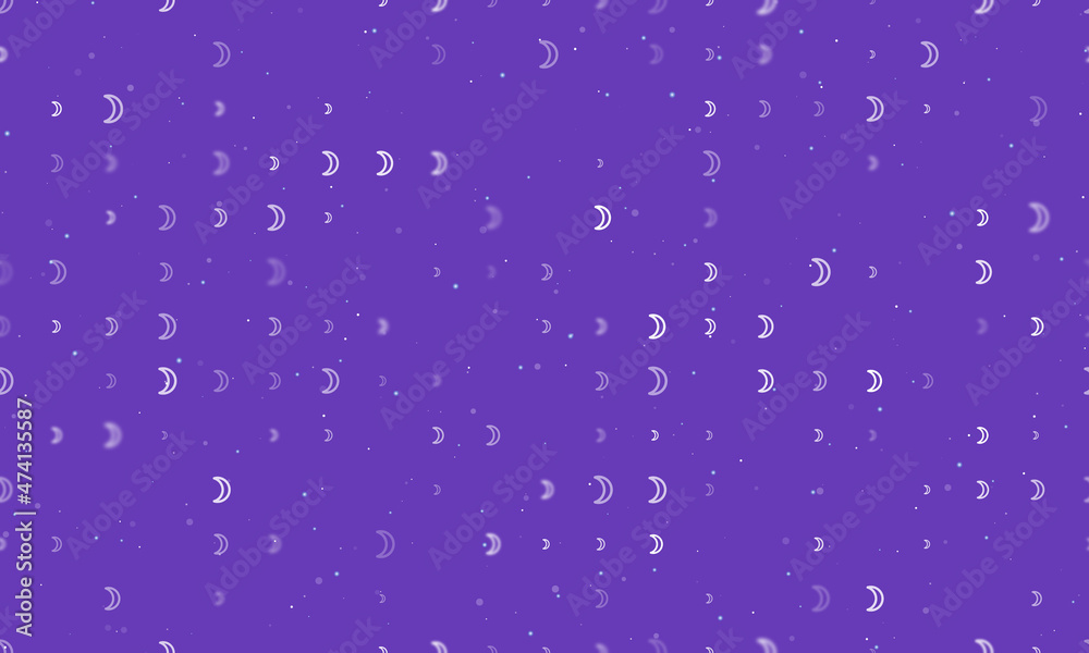 Seamless background pattern of evenly spaced white moon astrological symbols of different sizes and opacity. Vector illustration on deep purple background with stars