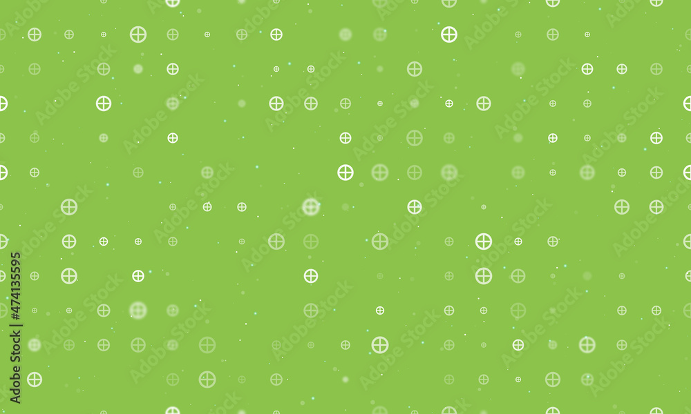 Seamless background pattern of evenly spaced white astrological earth symbols of different sizes and opacity. Vector illustration on light green background with stars