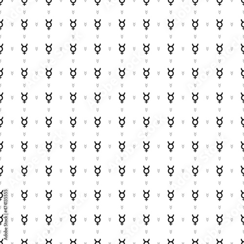 Square seamless background pattern from black astrological mercury symbols are different sizes and opacity. The pattern is evenly filled. Vector illustration on white background