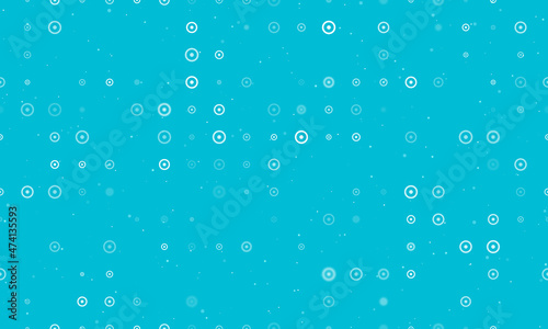 Seamless background pattern of evenly spaced white astrological sun symbols of different sizes and opacity. Vector illustration on cyan background with stars
