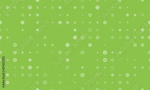 Seamless background pattern of evenly spaced white astrological earth symbols of different sizes and opacity. Vector illustration on light green background with stars