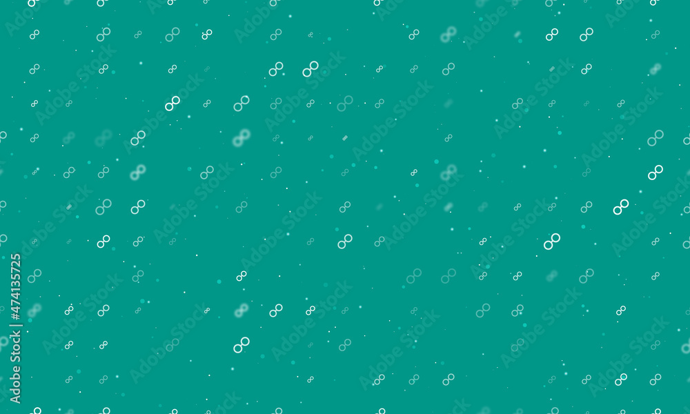 Seamless background pattern of evenly spaced white astrological opposition symbols of different sizes and opacity. Vector illustration on teal background with stars