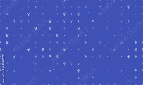 Seamless background pattern of evenly spaced white astrological pluto symbols of different sizes and opacity. Vector illustration on indigo background with stars