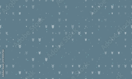 Seamless background pattern of evenly spaced white astrological uranus symbols of different sizes and opacity. Vector illustration on blue gray background with stars